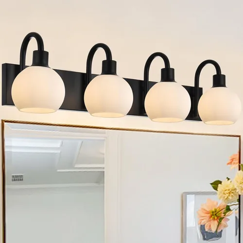 Vista 8 de Luz de tocador de baño con vidrio esmerilado en forma de globo de 2 luces, aplique de pared industrial negro para vestíbulo o pasillo