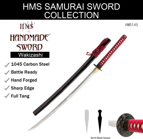 Vista 9 de HMS Espada samurai wakizashi japonesa, Oda Nobunaga Tsuba, forjada a mano, acero al carbono 1045, templado con calor, espiga completa, afilada oda