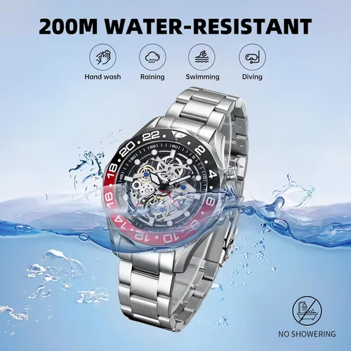 Vista 3 de TSAR BOMBA Relojes mecánicos automáticos híbridos GMT de lujo para hombres, 656.2 ft, impermeable, esqueleto japonés, movimiento de carga