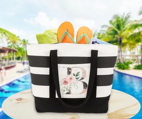 Vista 7 de PARBEE Bolso tote de lona con iniciales, diseño de rayas y flores, con cremallera superior, bolsas de playa grandes con monograma de regalo