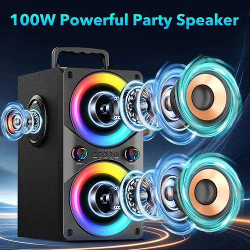 Vista 2 de Altavoz Bluetooth de 100 W, portátil, grande, potente, graves profundos, sonido fuerte, inalámbrico Boombox con subwoofer TWS luces LED DSP grandes