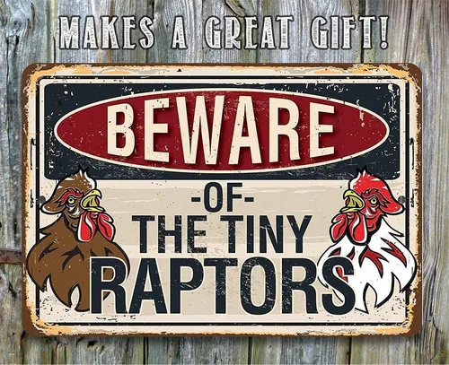 Vista 7 de Beware Tiny Raptors - Divertido letrero de metal de gallinero – 8 x 12 pulgadas o 12 x 18 pulgadas para uso en interiores y exteriores en gallinero