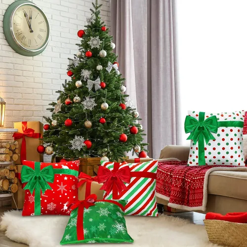 Vista 2 de Kingdder Fundas de almohada navideñas de 20 x 20 pulgadas, juego de 4 fundas de almohada de Navidad de granja, caja de regalo, decoración de lazo