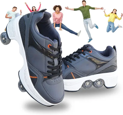 Vista 8 de Zapatos de patinaje convertibles para hombres y mujeres, zapatos de paseo automáticos para niños y adultos, patines con doble fila de ruedas, ruedas