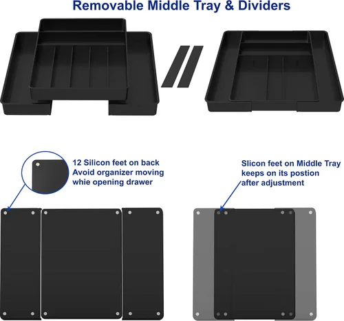 Vista 4 de Simple Houseware Organizador de cubiertos extensible para cajones de cocina, color negro, bandeja de cubiertos ajustable con 9 compartimentos