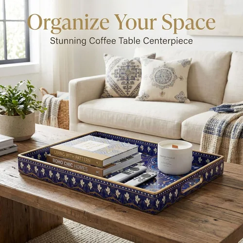 Vista 3 de Bandeja decorativa para servir con asas, 15.7 x 11.8 pulgadas, bandeja rectangular de plástico con patrón de mandala azul, bandeja de mesa auxiliar