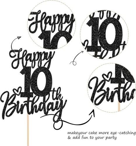 Vista 3 de 1 pieza de decoración para pastel de cumpleaños número 10 con purpurina y texto en inglés "Cheers to 10" Birthday Cake Pick Ten 10 Fabulous Cake