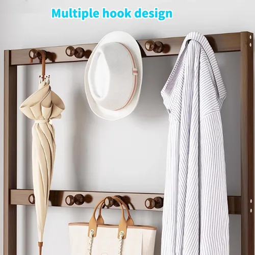 Vista 4 de Bamboo Clothes Rack, Clothing Rack with Bottom Shelves and Hook, Freestanding Garment Racks, Open Coat Racks for Hallway Brown