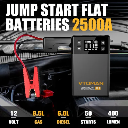 Vista 9 de VTOMAN Arrancador de salto X1 con compresor de aire, arrancador de batería portátil para automóvil (2500 A, motor diesel de hasta 8.5 L/6 L)