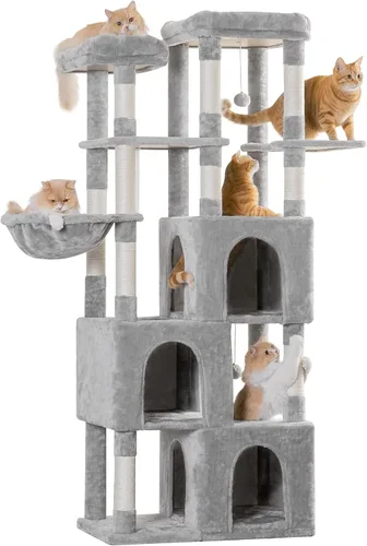 Vista 11 de MWPO Árbol grande para gatos de interior, torre de gatos de 63 pulgadas con 3 condominios para gatos, postes rascadores, pedestales acolchados, Beige