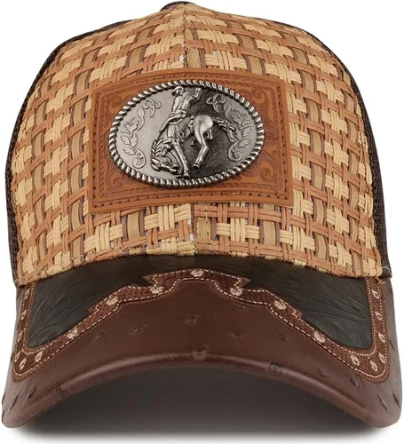 Vista 2 de Trendy Apparel tienda paja diseño metálico Rodeo Cowboy caballo Logo de metal camionero de malla gorra de béisbol