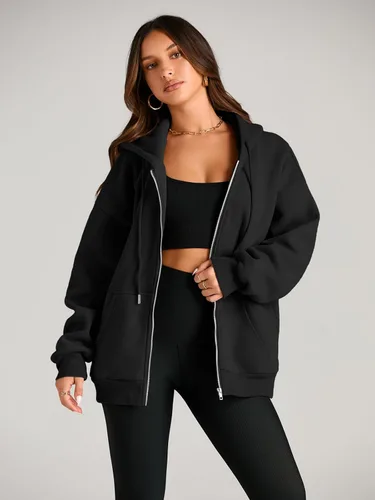 Vista 3 de EFAN Sudaderas con capucha lindas para mujer con cordón y cremallera, chaqueta de otoño de gran tamaño, sudaderas casuales con bolsillo Negro