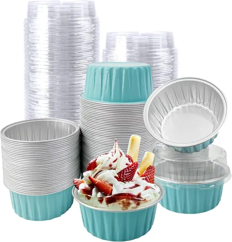 Vista 12 de 100 piezas de tazas de aluminio con tapas, 5 onzas de tazas desechables de ramekin para hornear, forros para magdalenas, mini moldes para tartas