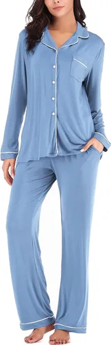 Vista 2 de Aamikast - Conjunto de pijama de manga larga con botones para mujer, ropa de dormir suave, conjuntos de descanso