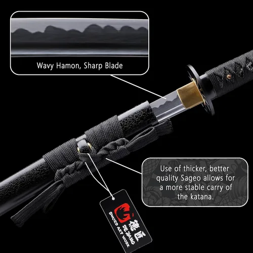 Vista 5 de Katana Real Samurai Sword, Handmade Japanese Swords Full Tang 1060 1090 T10 Carbon Steel, for Training, Collecting, Dojo, Lovers of Japanese Culture