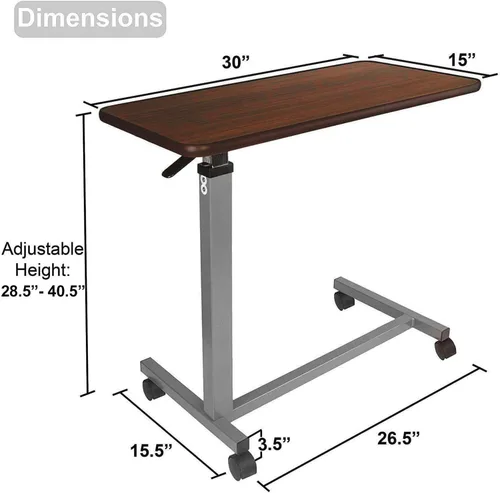 Vista 2 de Vaunn Mesita de noche ajustable para colocar sobre la cama con ruedas (uso doméstico y hospitalario), color marrón nogal y almohadillas desechables