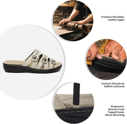 Vista 3 de Sandalias de cuero cómodas para mujer, ligeras, planas, bonitas, sin cordones, informales, para caminar Beige