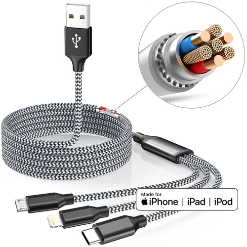 Vista 7 de Cable de Carga Múltiple de 4 pies, Paquete de 2 Cargador USB 3 en 1, Cable Cargador Múltiple para iPhone Trenzado de Nylon Certificado Apple MFi