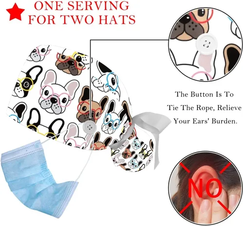 Vista 3 de FFLOWER 2 gorras de trabajo para mujer con botón, lindo bulldog francés largo, con cinta, con cordones