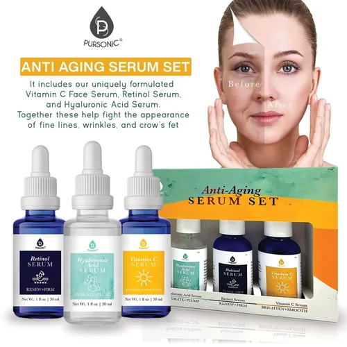 Vista 2 de PURSONIC Juego de 3 sueros antienvejecimiento para el cuidado de la piel, suero de ácido hialurónico, suero de retinol y suero facial de vitamina C
