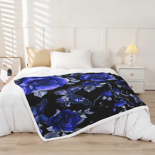 Vista 2 de Manta de franela azul rosa para todas las estaciones, manta de cama gótica de mariposa para decoración del hogar kawaii, manta rústica con flores