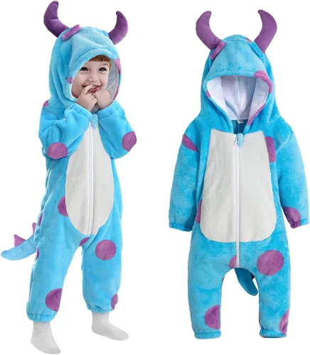 Vista 9 de Disfraz de monstruo azul para niños pequeños: mameluco de animal con capucha para Halloween, lindo y cálido traje de monstruo azul para otoño e