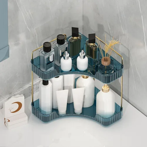 Vista 4 de Organizador de esquina para encimera de baño, estante de baño, organizador de maquillaje para tocador, bandeja de perfume para almacenamiento en Azul