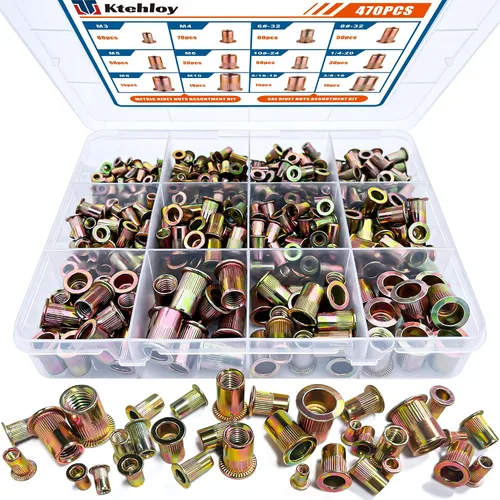 Vista 9 de 100 tuercas de remache de acero al carbono de 1/4 pulgadas a 20UNC de cabeza plana, tuercas roscadas de acero al carbono chapadas en zinc, cuerpo