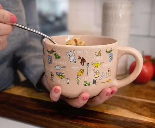 Vista 6 de Disney Princess - Taza de cerámica para sopa con tapa ventilada, cuenco para helado, cereales, avena, taza de café grande para expreso, cafeína