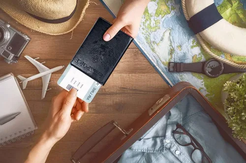Vista 7 de Funda para pasaporte con bloqueo RFID de piel, tarjetero con ranura para tarjetas, accesorios de viaje, organizador de documentos, protector