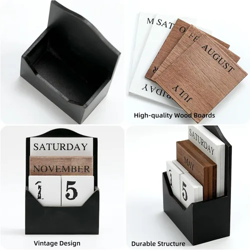 Vista 4 de Calendario perpetuo con bloques de madera, calendario para el hogar, día de San Valentín, regalo, decoración de oficina, escritorio, fecha, semana