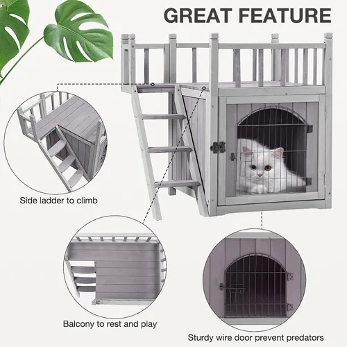 Vista 4 de Casa de gato para interiores y exteriores, refugio de gatos de madera con puerta de alambre bloqueable, balcón y escaleras