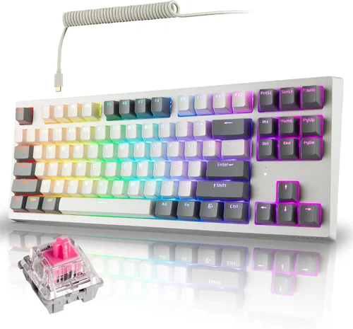 Vista 10 de TECWARE Phantom+ Elite Teclado mecánico RGB de 87 teclas para juegos 3 modos Bluetooth inalámbrico 5.0, 2.4 GHz y USB-C con cable 5 pines
