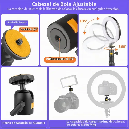 Vista 5 de Soporte para cámara web de montaje de escritorio para cámara web con cabezal de bola de 360°, soporte de luz de mesa ajustable de 14 a 33 pulgadas