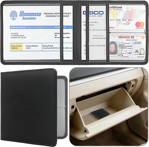 Vista 13 de Soporte para Registro y Seguro de Auto, Organizador de Guantera de Vehículo de Piel Sintética Premium - para Licencia de Conducir, Tarjetas y Negro