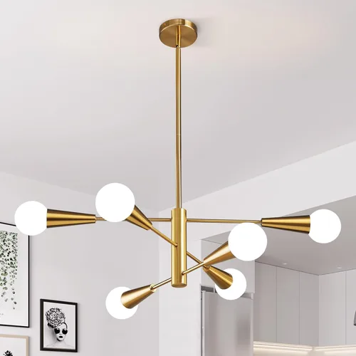 Vista 13 de KAISITE - Candelabro Moderno Sputnik - Candelabro de 6 Luces con Ajuste de Altura, Acabado en Negro y Oro para Cocina, Dormitorio y Vestíbulo