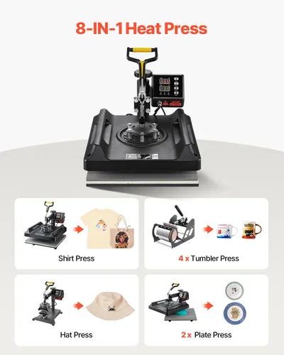 Vista 2 de VEVOR Máquina de prensa de calor 8 en 1 de 15 x 15 pulgadas, prensa de camisetas oscilante de 360°, transferencia de calor digital profesional por