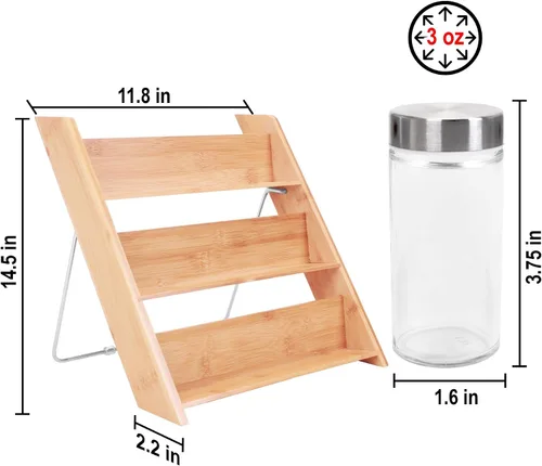 Vista 8 de Orii Organizador compacto de especias de bambú de 18 tarros para encimera y cajón de cocina, lleno de especias, programa