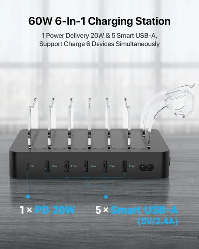 Vista 2 de SooPii - Estación de carga PD de 6 puertos para múltiples dispositivos, carga rápida USB C PD de 20 W para iPhone 14/13/12, incluye 6 cables cortos