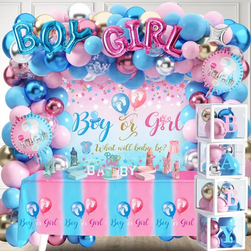 Vista 6 de Juego de 92 piezas de decoración de revelación de género y caja de bebé con letras para niño o niña, suministros para fiestas de revelación