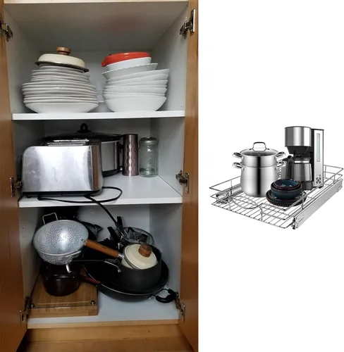 Vista 6 de Sikarou Organizador de gabinete extraíble, estantes extraíbles de gabinete de cocina resistente, cesta de alambre deslizante para armarios