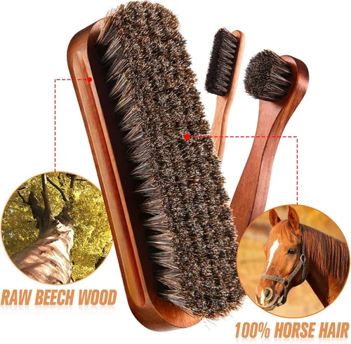Vista 2 de Kit de 4 cepillos para zapatos de pelo de caballo, aplicadores de limpieza de piel, botas, cepillos de cuidado de gamuza con paño de microfibra
