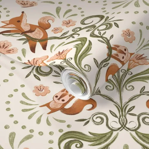 Vista 2 de Spoonflower Muestro de papel tapiz extraíble – Caprichoso Zorro Naranja Ardilla Botánica Naturaleza Jardín Crema Verde Rosa Dulce Lindo Papel