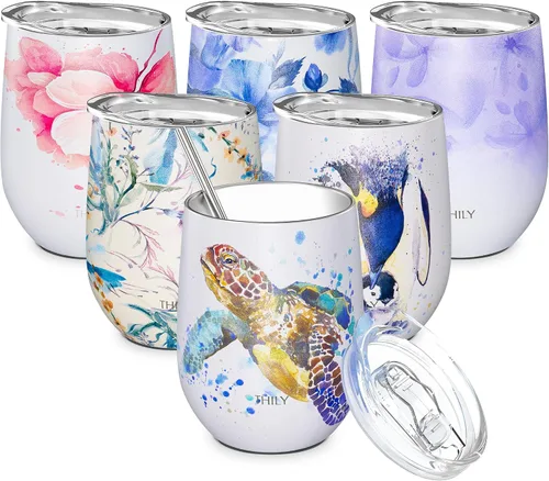 Vista 10 de THILY Vaso de vino aislado de acero inoxidable de 12 onzas, copa de vino sin tallo con tapa deslizante y popote de metal, taza de viaje que mantiene