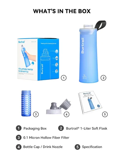 Vista 8 de Botella de filtro de agua plegable de 1.0 L, sin BPA, ultraligera y duradera, con cartucho de tapa de filtro de 1.654 in, botella de agua filtrada