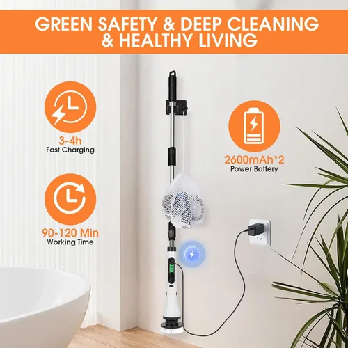 Vista 5 de Limpiador eléctrico giratorio, cepillo de limpieza inalámbrico, cepillo limpiador de ducha de mango extensible de 54 pulgadas, 6 ángulos ajustables