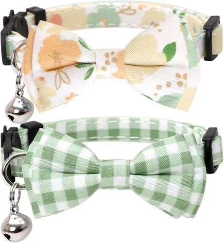 Vista 11 de Paquete de 2 collares de gato con pajarita y flor a cuadros de campana para gatito Azul