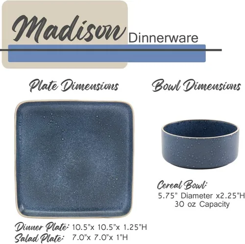 Vista 4 de Tabletops Gallery Colección Madison Fashion Vajilla – Plato de ensalada cuadrado contemporáneo moderno con esmalte reactivo de 4 lugares, vajilla