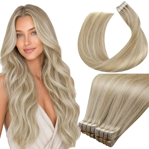 Vista 53 de LaaVoo - Extensiones de cabello humano con cinta adhesiva, color marrón a rubio ceniza, extensiones de cabello humano real, cintas en extensiones