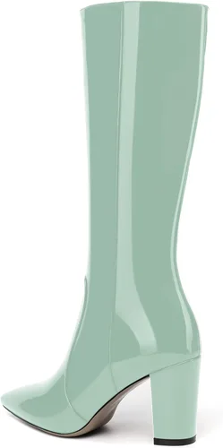 Vista 161 de AMBELIGHT Botas altas hasta la rodilla con cremallera y puntera puntiaguda para mujer, de patente sólida, tacón alto, 3.3 pulgadas